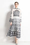 Vintage Ethnic Black Paisley Pattern, Stand-Up Collar, Long Flare Sleeve Dress